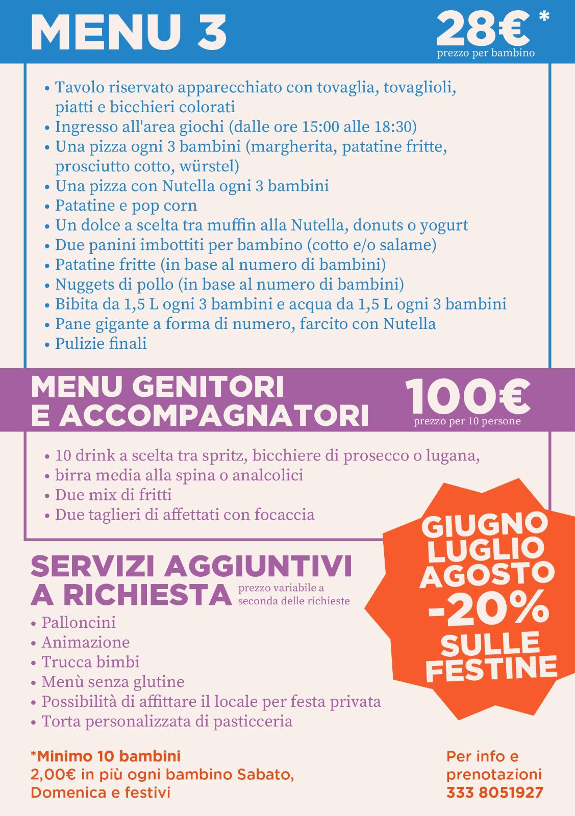 Menu festa MikyS: Menu 3 a 28€, menu genitori e servizi aggiuntivi a Flero (BS)