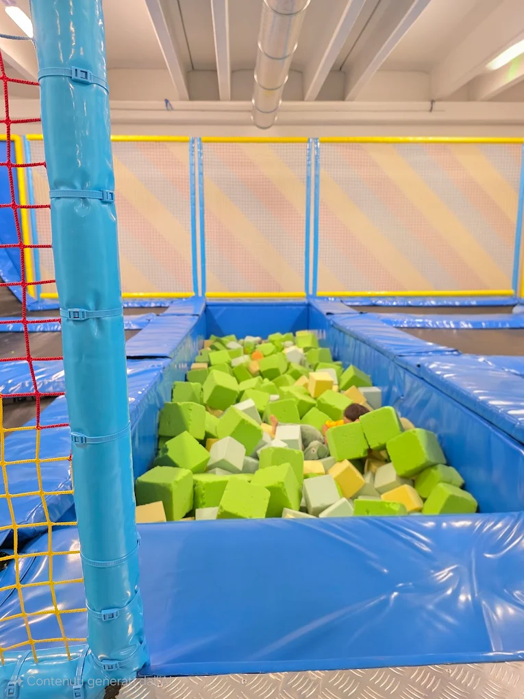 Trampoline park con vasca piena di cubi morbidi colorati