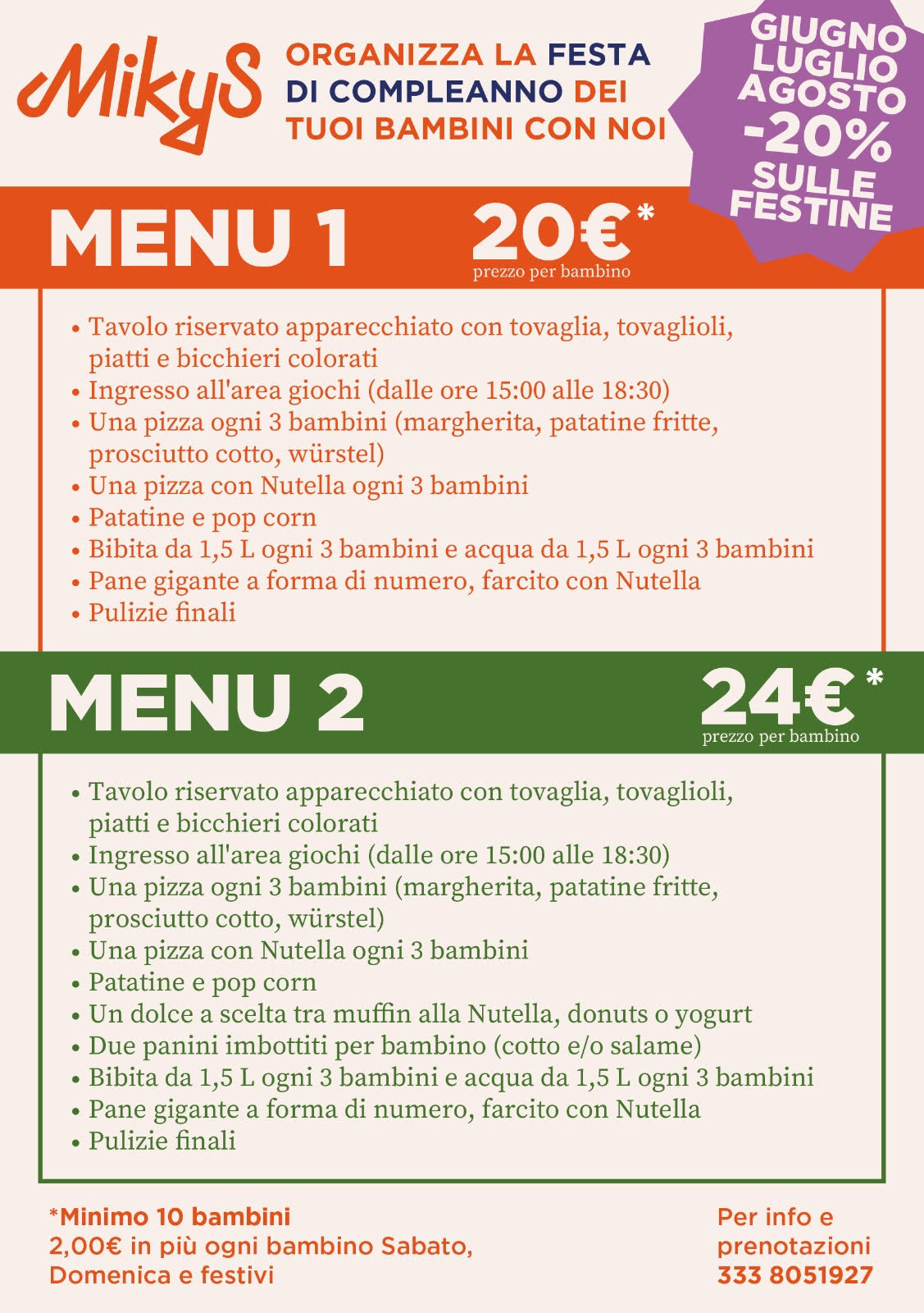 Menu festa di compleanno MikyS: Menu 1 a 20€ e Menu 2 a 24€ per bambino, pizzeria a Flero (BS)